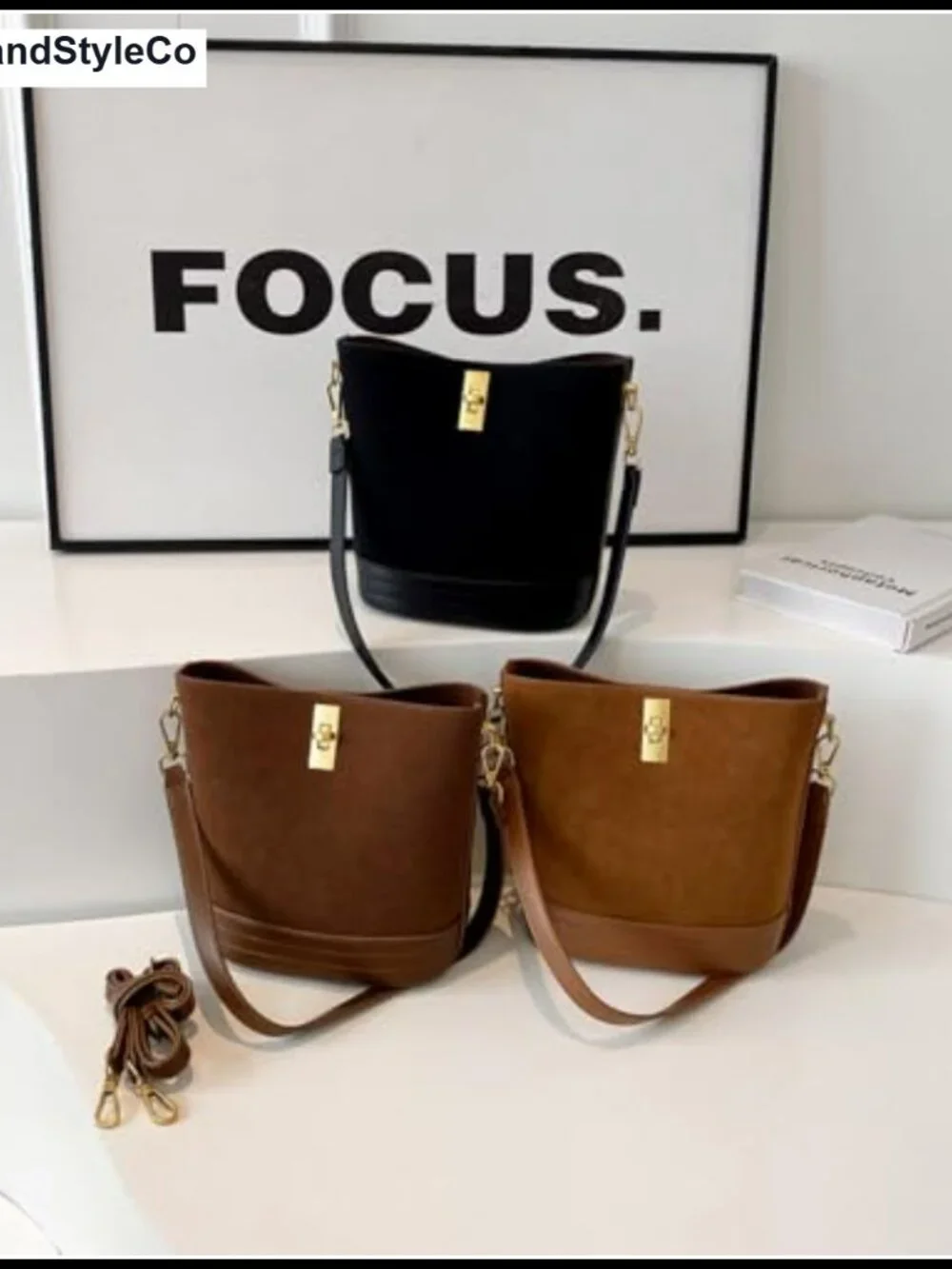 Faux Suede Bucket Bag Crossbody Shoulder Purse Mini Hobo Handbag Detachable